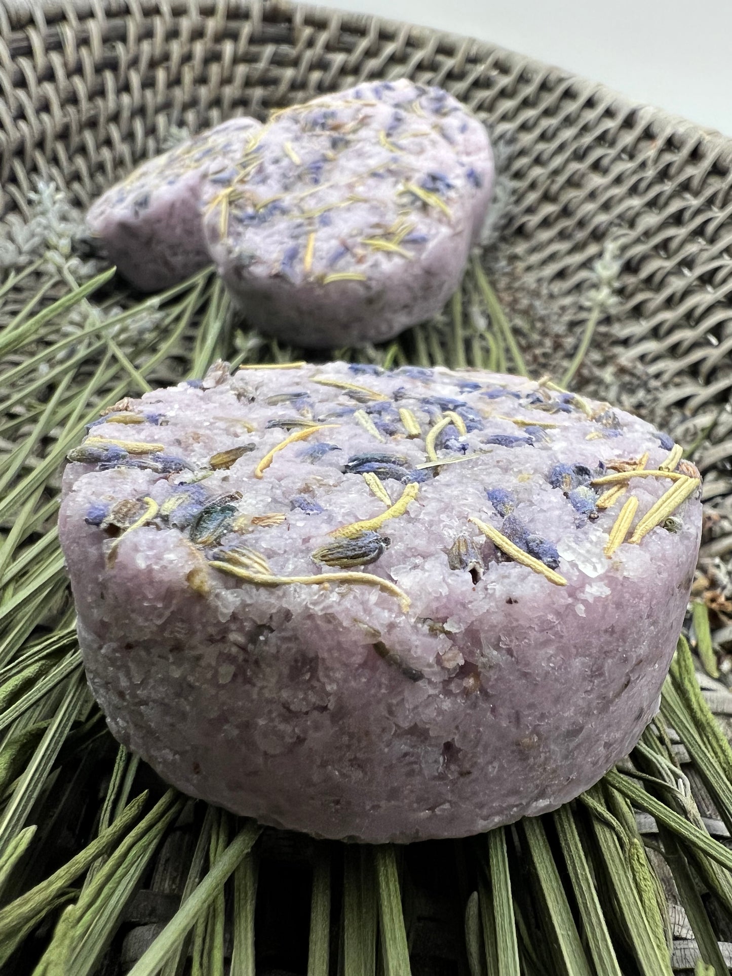 Exfoliating Salt Scrub Puck, lavender, rosemary, coconut oil, & shea butter