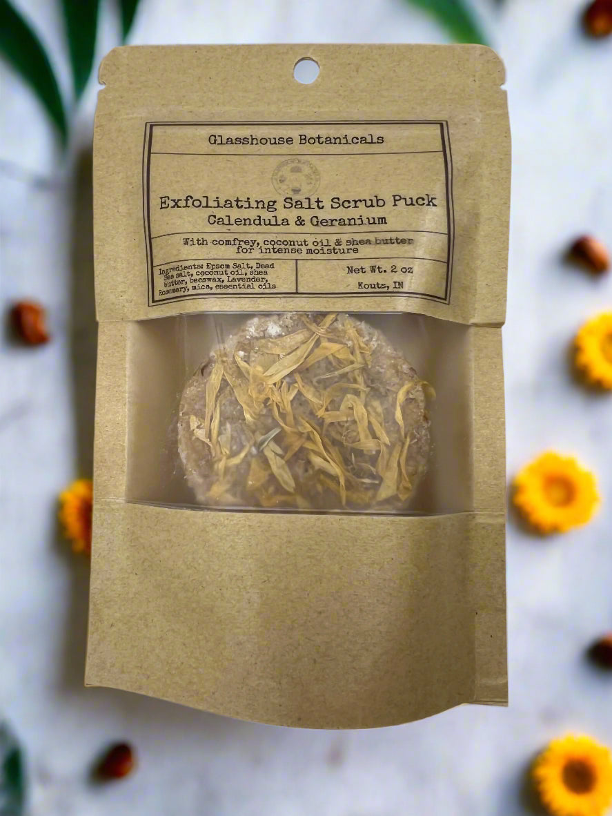 Exfoliating Salt Scrub Puck, calendula, coconut oil, & shea butter