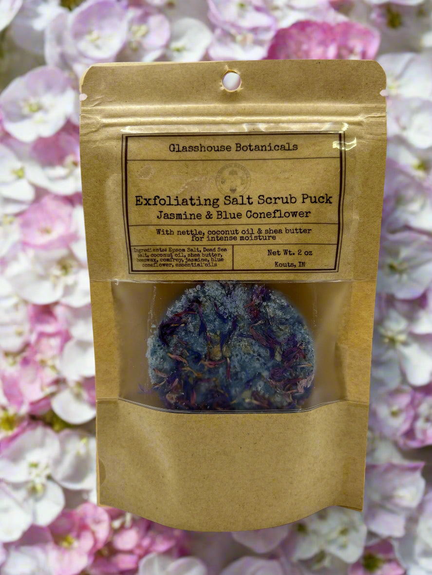 Exfoliating Salt Scrub Puck, jasmine, blue coneflower, coconut oil, & shea butter
