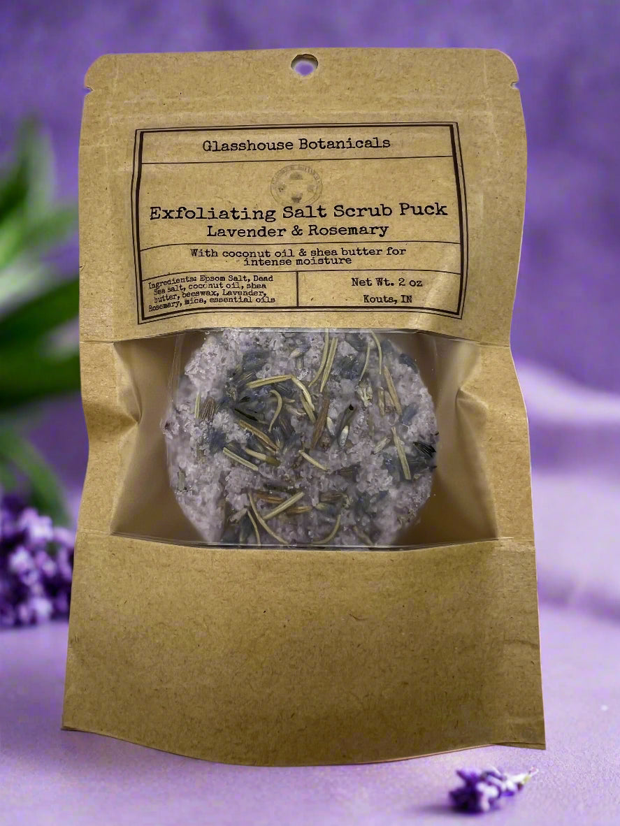 Exfoliating Salt Scrub Puck, lavender, rosemary, coconut oil, & shea butter