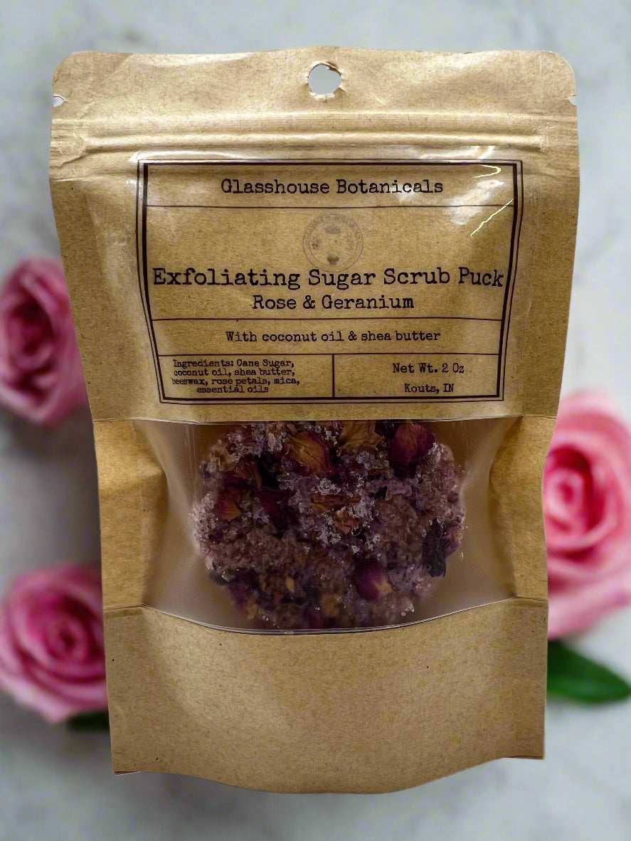 Exfoliating Sugar Scrub Puck, Rose, coconut oil, & shea butter